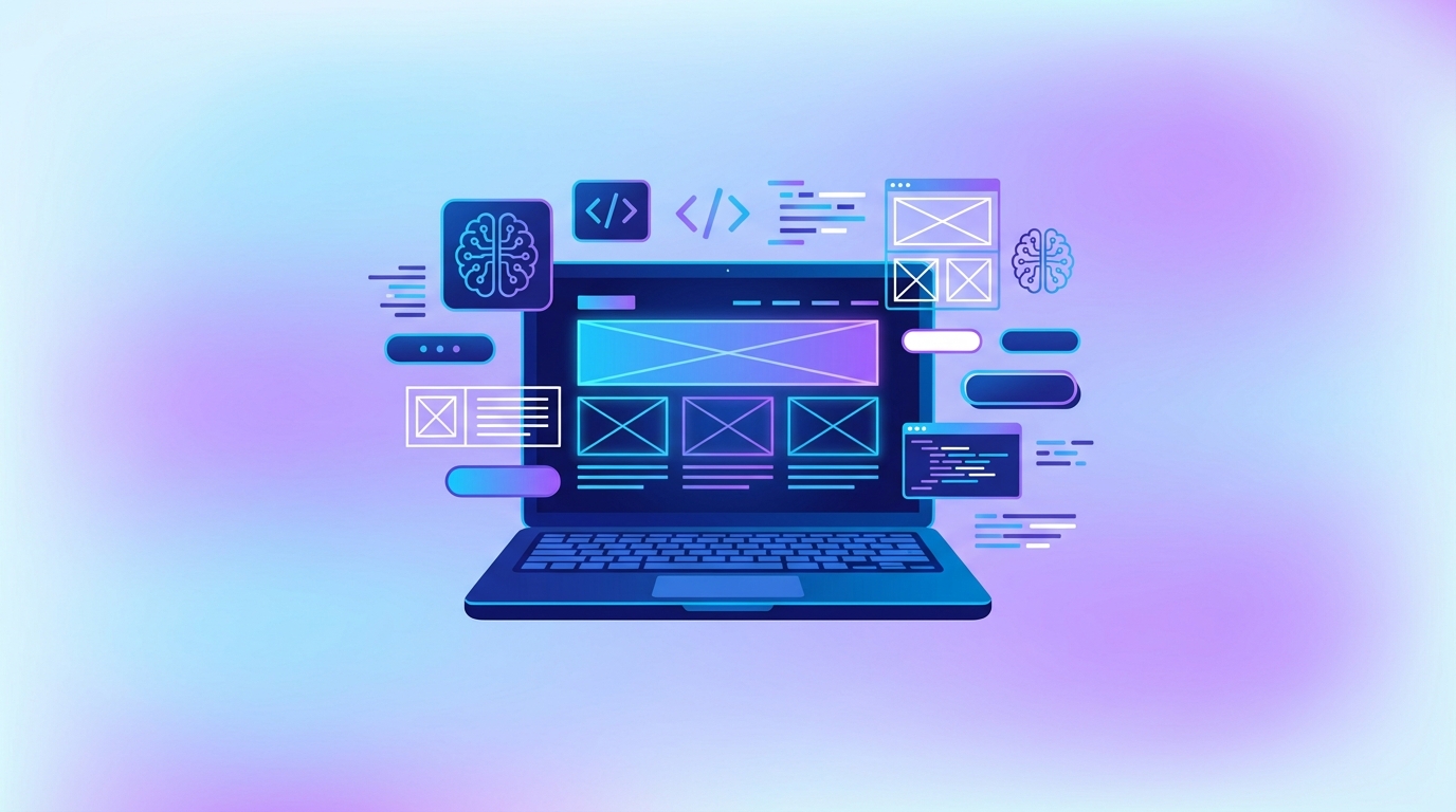 AIでWeb制作を自動化するイメージ（ノートPCとUIパーツ、回路モチーフ）