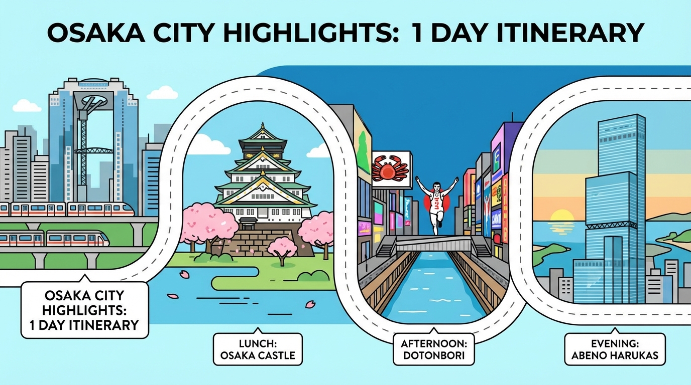 大阪中心部を1日で巡るモデルコースのイメージ（梅田・大阪城・道頓堀・天王寺）